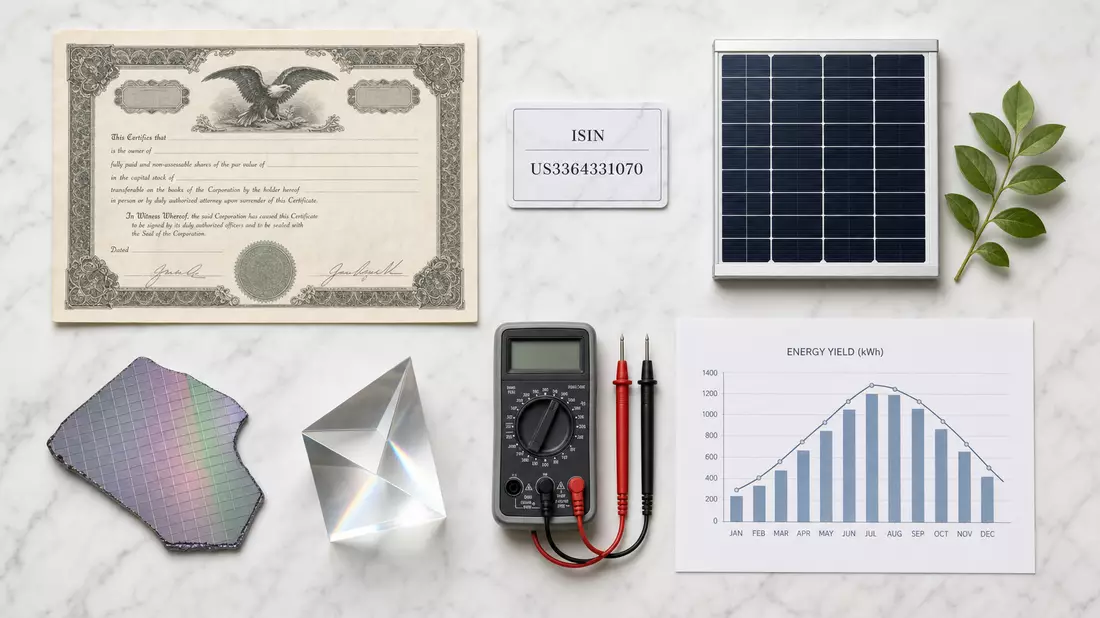 Flatlay mit Aktienzertifikat, ISIN-Karte US3364331070, Solarmodul und Messgerät für First Solar Inc