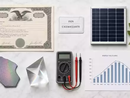 First Solar Inc. Aktienzertifikat und ISIN-Karte US3364331070 im Flatlay mit Solarmodul und Branchenutensilien - Foto: THN
