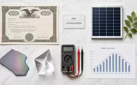 First Solar Inc. Aktienzertifikat und ISIN-Karte US3364331070 im Flatlay mit Solarmodul und Branchenutensilien - Foto: THN