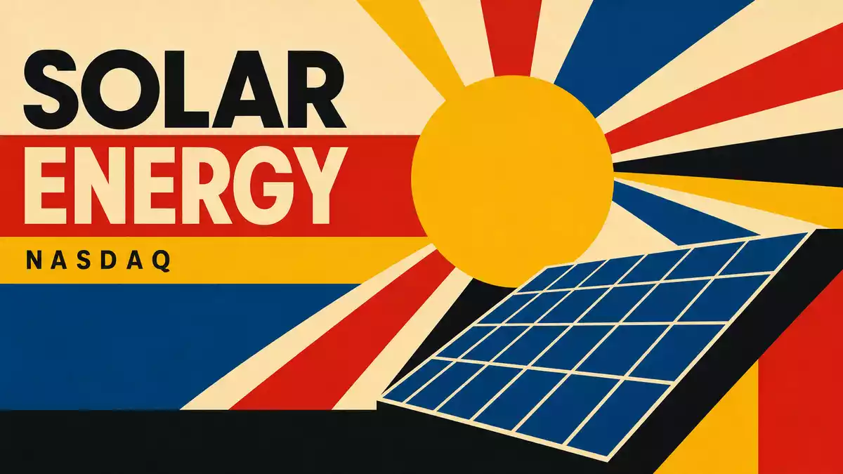 Bauhaus-Grafikposter mit Sonne und Solarmodul für First Solar Inc., NASDAQ, ISIN US3364331070