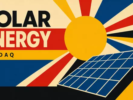First Solar Inc. als Bauhaus-Poster mit Solarenergie-Geometrie, NASDAQ-Aktie US3364331070 im konstruktivistischen Stil - Foto: THN