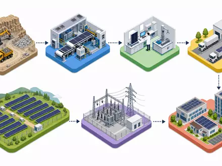 First Solar Inc. Wertschöpfungskette als isometrisches 3D-Diagramm, von Rohstoff bis Netz, Aktie US3364331070 - Foto: THN