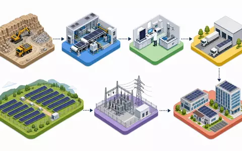 First Solar Inc. Wertschöpfungskette als isometrisches 3D-Diagramm, von Rohstoff bis Netz, Aktie US3364331070 - Foto: THN
