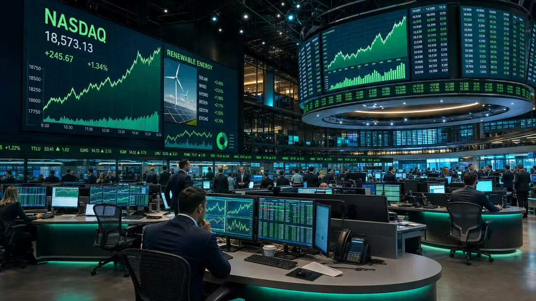 NASDAQ-Börsensaal mit Erneuerbare-Energie-Charts, First Solar Inc. Aktie US3364331070 im Handel