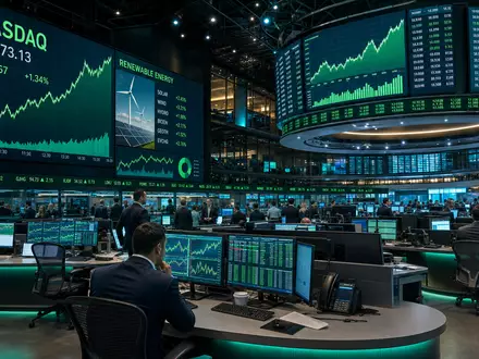 First Solar Inc. im Börsenhandel: NASDAQ-Börsensaal mit steigenden Solarsektor-Charts, Aktie US3364331070 im Fokus - Foto: THN
