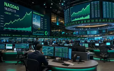 First Solar Inc. im Börsenhandel: NASDAQ-Börsensaal mit steigenden Solarsektor-Charts, Aktie US3364331070 im Fokus - Foto: THN