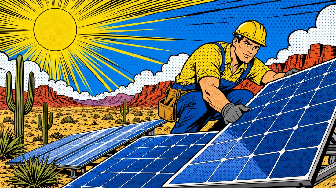 Pop-Art-Comic mit Solaranlagen-Techniker in der Wüste, First Solar Inc. Aktie US3364331070