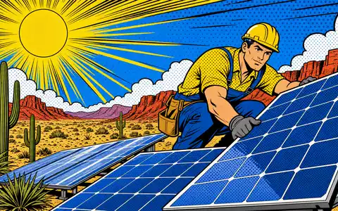 First Solar Inc. als Pop-Art-Comic: Techniker montiert Solaranlage in der Wüste, Aktie US3364331070 im Energiesektor - Foto: THN