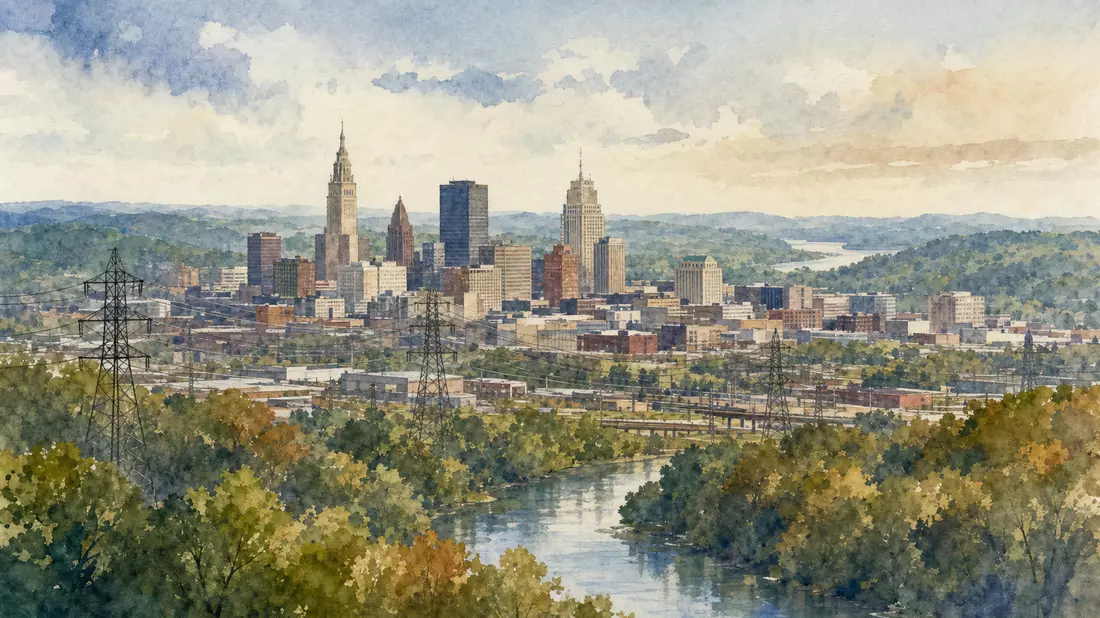 Aquarellgemälde der Akron-Ohio-Skyline mit Cuyahoga-Fluss und Hochspannungsmasten im Vordergrund