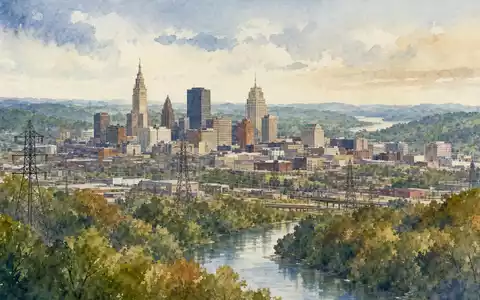 FirstEnergy Corp. Aquarell der Akron Skyline Ohio mit Fluss und Strommasten ISIN US3377381088 - Foto: THN