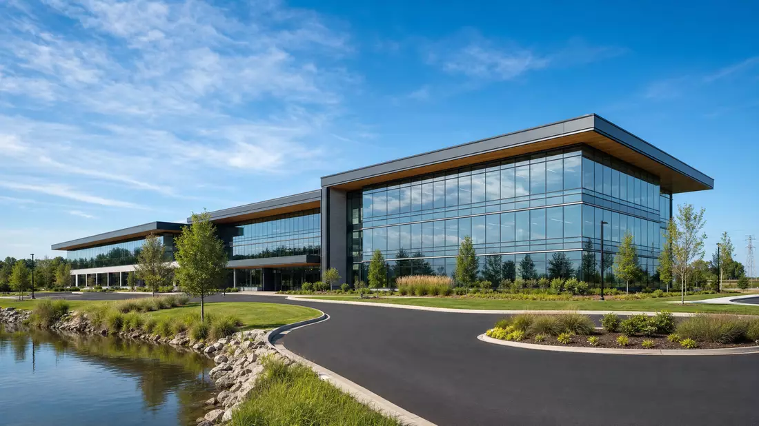 Architektur-Render eines modernen Glas-Stahl-Unternehmensgebäudes eines Energieversorgers in Ohio