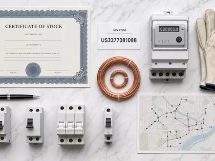 FirstEnergy Corp. Flatlay mit Aktienzertifikat und ISIN Karte US3377381088 Stromzähler und Kupferkabel - Foto: THN