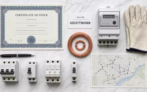FirstEnergy Corp. Flatlay mit Aktienzertifikat und ISIN Karte US3377381088 Stromzähler und Kupferkabel - Foto: THN