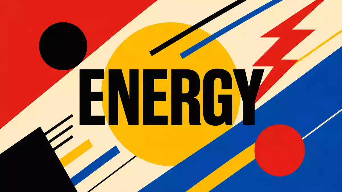 Bauhaus-Grafikposter mit fetten geometrischen Formen und zentralem ENERGY-Text in Primärfarben