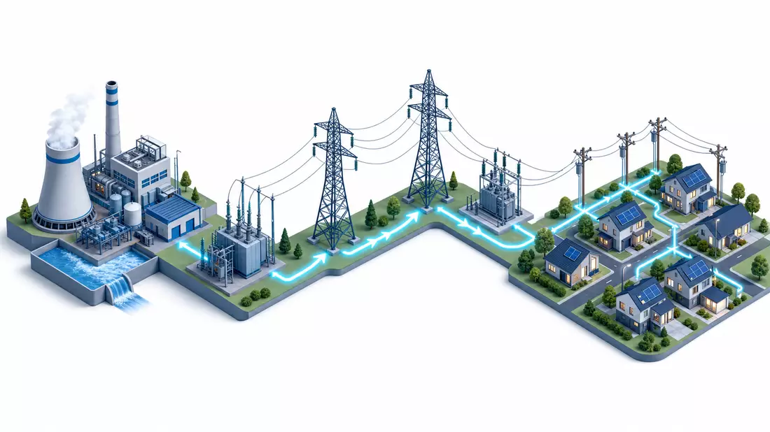 Isometrische 3D-Illustration der Strom-Wertschöpfungskette von Kraftwerk über Mast bis Haushalte