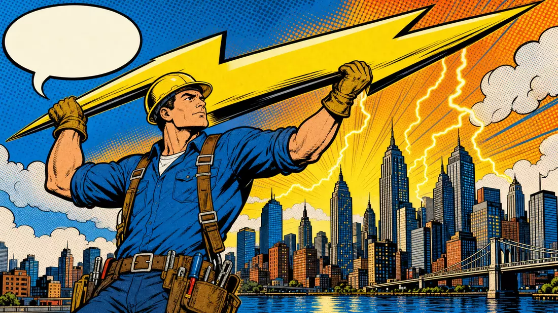 Pop-Art-Comicszene mit Elektromonteur der einen Blitz über amerikanischer Skyline hält