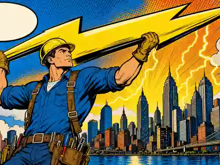 FirstEnergy Corp. Pop Art Comic mit Elektriker und Blitz über einer Stadtsilhouette ISIN US3377381088 - Foto: THN