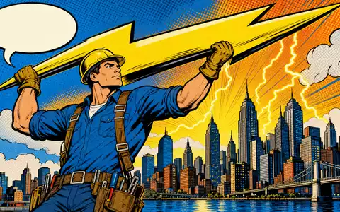 FirstEnergy Corp. Pop Art Comic mit Elektriker und Blitz über einer Stadtsilhouette ISIN US3377381088 - Foto: THN