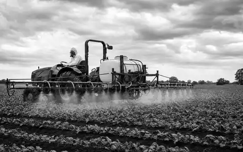 FMC Corp. Traktor mit Sprühanlage behandelt Ackerpflanzen in SW-Reportage ISIN US3024913036 dokumentarisch - Foto: THN