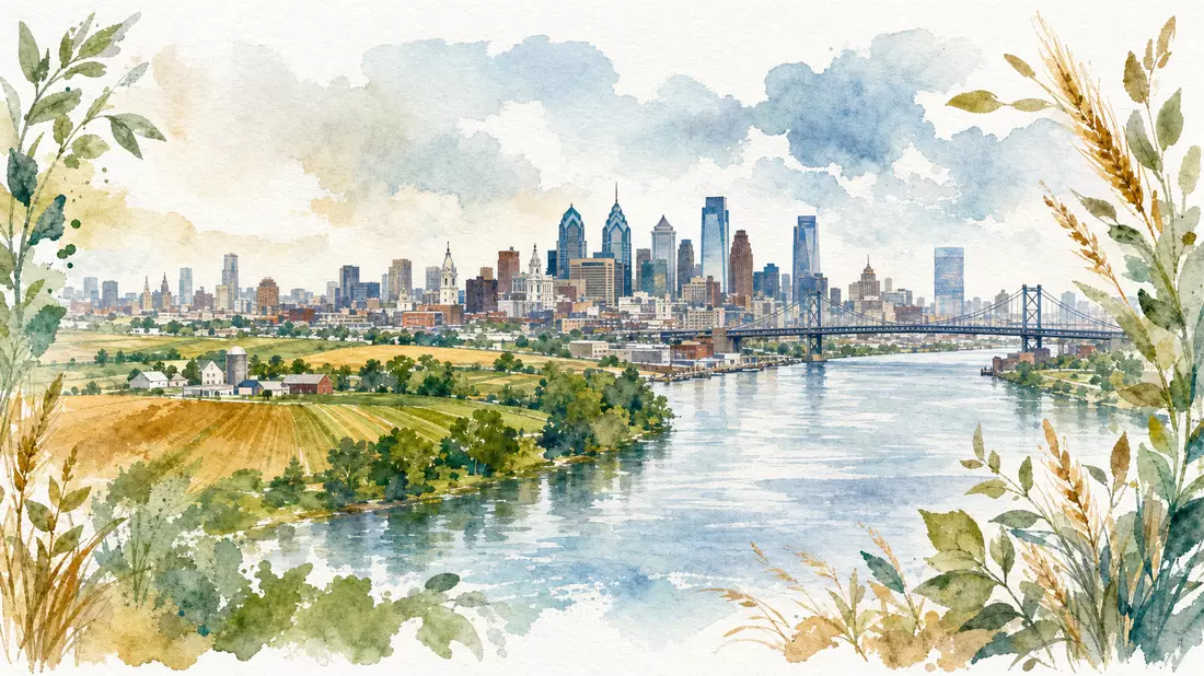 Aquarellmalerei der Philadelphia-Skyline am Delaware River mit Ackerflächen und Weizenpflanzen