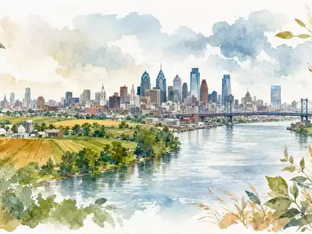 FMC Corp. Aquarell der Philadelphia Skyline mit Farmland und Weizen ISIN US3024913036 impressionistisch - Foto: THN