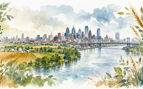 FMC Corp. Aquarell der Philadelphia Skyline mit Farmland und Weizen ISIN US3024913036 impressionistisch - Foto: THN