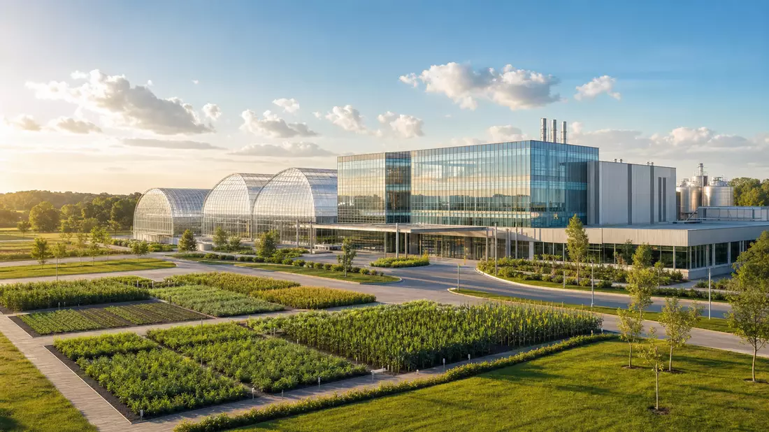 Architektur-Render: modernes Agrochemie-Forschungsgebäude mit Glasgewächshäusern und grünen Testfeldern