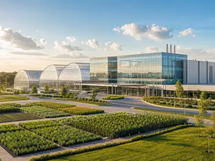 FMC Corp. modernes Agrochemie-Forschungszentrum mit großem Glasgewächshaus hellen Versuchsfeldern und ISIN US3024913036 - Foto: THN
