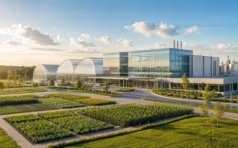 FMC Corp. modernes Agrochemie-Forschungszentrum mit großem Glasgewächshaus hellen Versuchsfeldern und ISIN US3024913036 - Foto: THN