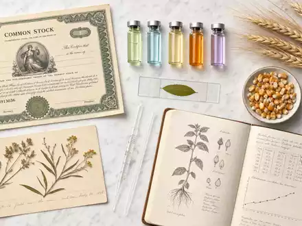 FMC Corp. Flatlay mit Aktienzertifikat ISIN US3024913036 Laborutensilien Weizen und Botanik Notizbuch - Foto: THN