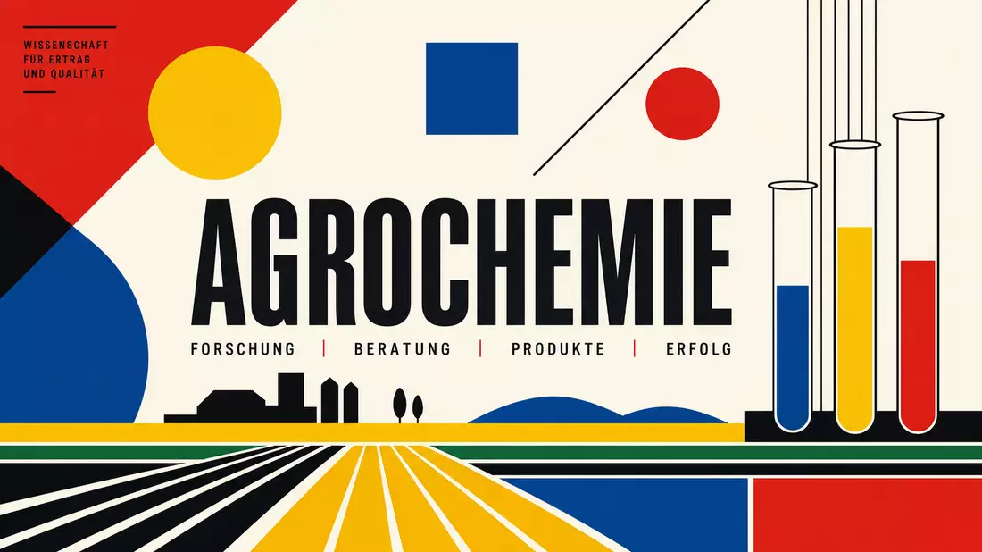 Bauhaus-Poster AGROCHEMIE: geometrische Primärfarben, Reagenzgläser, stilisierte Feldstreifen und Grundformen