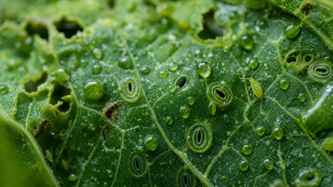 Extreme Makro-Nahaufnahme: grünes Blatt mit Wassertropfen, Blattläusen, Stomata und Fraßschäden