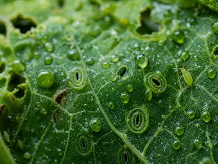 FMC Corp. Makroaufnahme Blattoberfläche mit Schädlingen Chemietröpfchen und Stomata ISIN US3024913036 Wissenschaft - Foto: THN