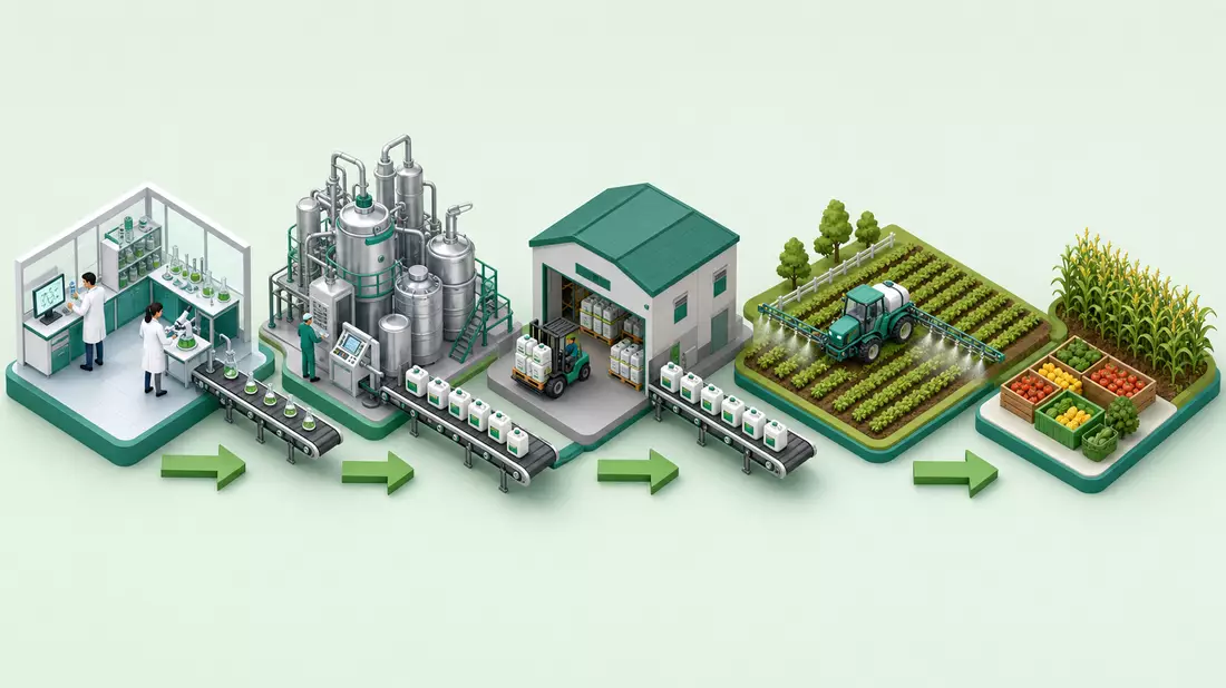 Isometrische 3D-Grafik der Agrochemie-Lieferkette: Labor, Produktion, Logistik, Feldapplikation, Ernte