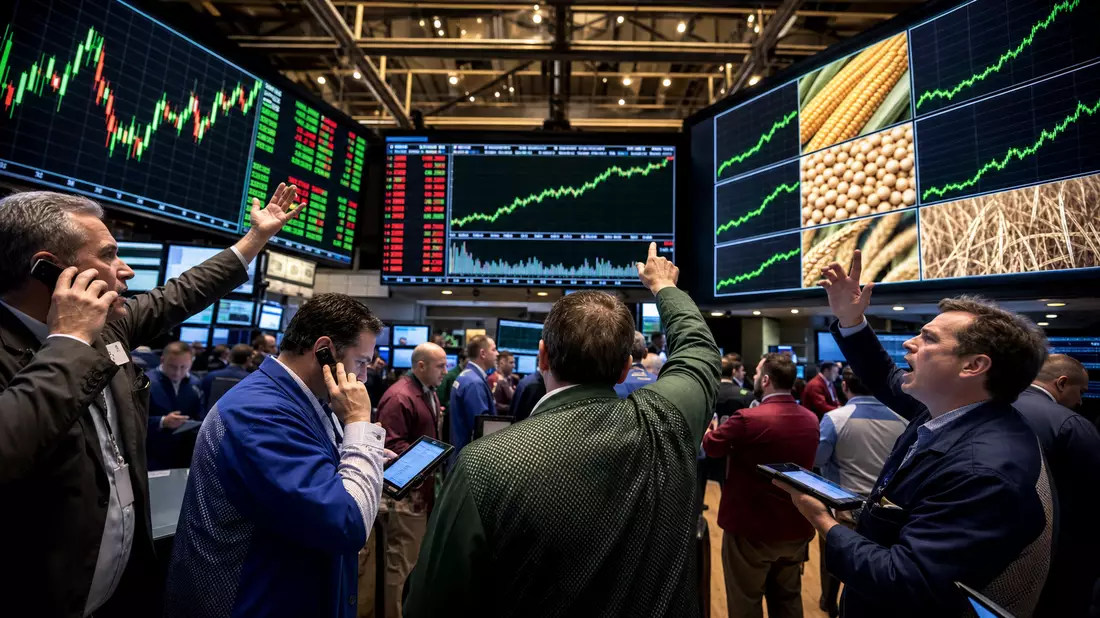 NYSE-Handelsparkett mit Tradern in bunten Jacken und Digitalbildschirmen mit Agrochemie-Kursverläufen