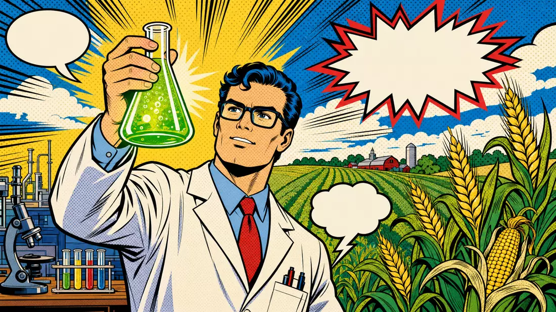 Pop-Art-Comic: heroischer Wissenschaftler mit leuchtendem Reagenzglas, Halbton-Punkte, Felder im Hintergrund
