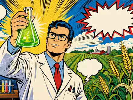 FMC Corp. Pop-Art-Comic Wissenschaftler hält leuchtendes Reagenzglas vor Getreidefeldern ISIN US3024913036 bunt - Foto: THN