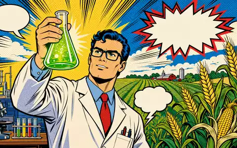 FMC Corp. Pop-Art-Comic Wissenschaftler hält leuchtendes Reagenzglas vor Getreidefeldern ISIN US3024913036 bunt - Foto: THN