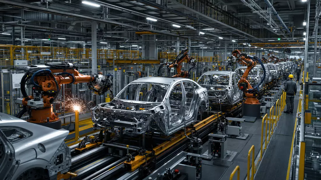Fotorealistisches Automobilwerk mit Robotern und Karosserieteilen auf Fließband