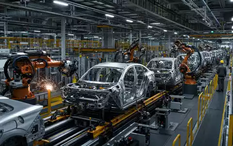 Ford Motor Co. Fahrzeugmontage US3453708600 zeigt Roboter beim SchweiĂen von Karosserien auf FlieĂband - Foto: THN