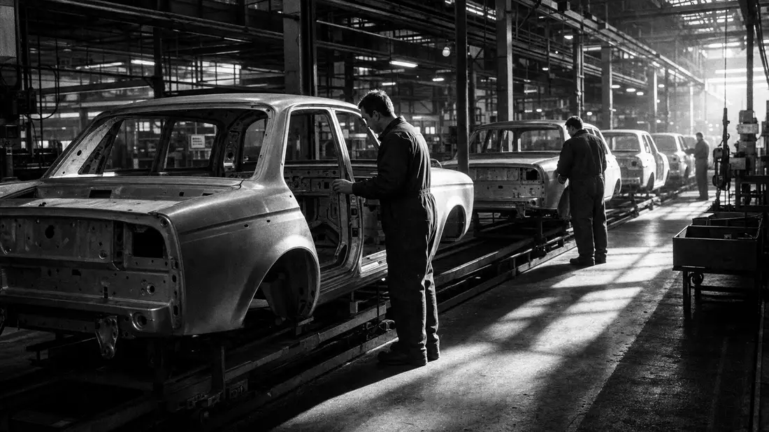 Schwarzweiß-Dokumentarfoto von Fabrikarbeitern an Karosserieschalen auf Förderband