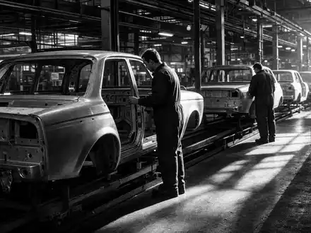 Ford Motor Co. US3453708600 Schwarzweiß-Reportage zeigt Arbeiter an unverkleideten Karosserieschalen auf Förderband - Foto: THN