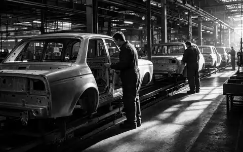 Ford Motor Co. US3453708600 Schwarzweiß-Reportage zeigt Arbeiter an unverkleideten Karosserieschalen auf Förderband - Foto: THN