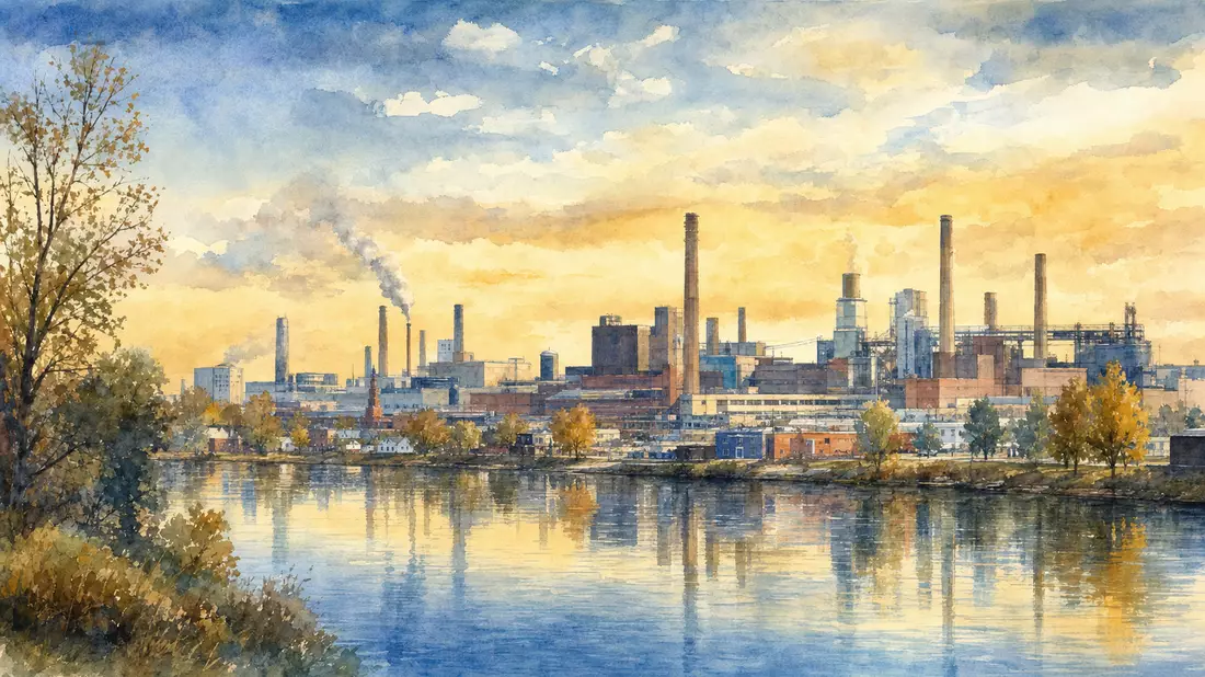 Aquarellmalerei eines Industriekomplexes mit Schloten am Flussufer in Herbststimmung