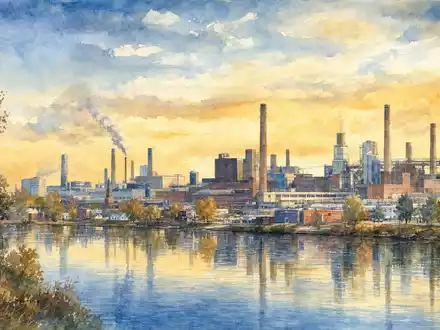 Ford Motor Co. US3453708600 Aquarell-Panorama eines großen Industriekomplexes am Fluss in Dearborn Michigan - Foto: THN