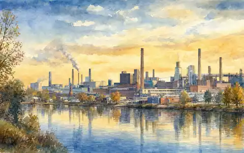 Ford Motor Co. US3453708600 Aquarell-Panorama eines großen Industriekomplexes am Fluss in Dearborn Michigan - Foto: THN