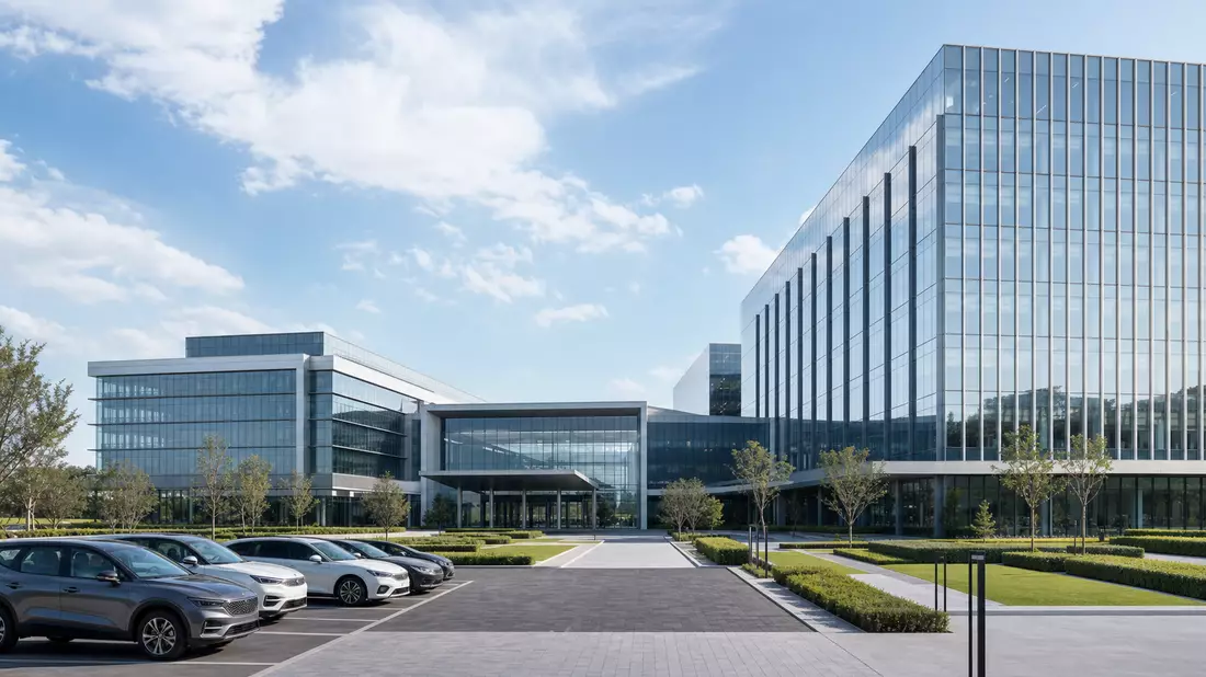 Architektur-CGI eines modernen Firmencampus mit Glasgebäuden und geparkten Fahrzeugen
