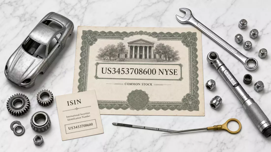 Draufsicht auf Aktienzertifikat US3453708600 NYSE, ISIN-Karte und Automobilwerkzeuge auf Marmor