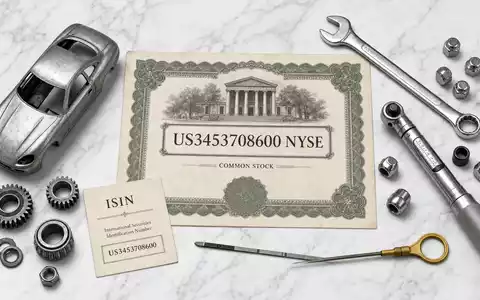 Ford Motor Co. US3453708600 Flatlay mit Aktienzertifikat NYSE ISIN-Karte und branchentypischen Automobilwerkzeugen - Foto: THN
