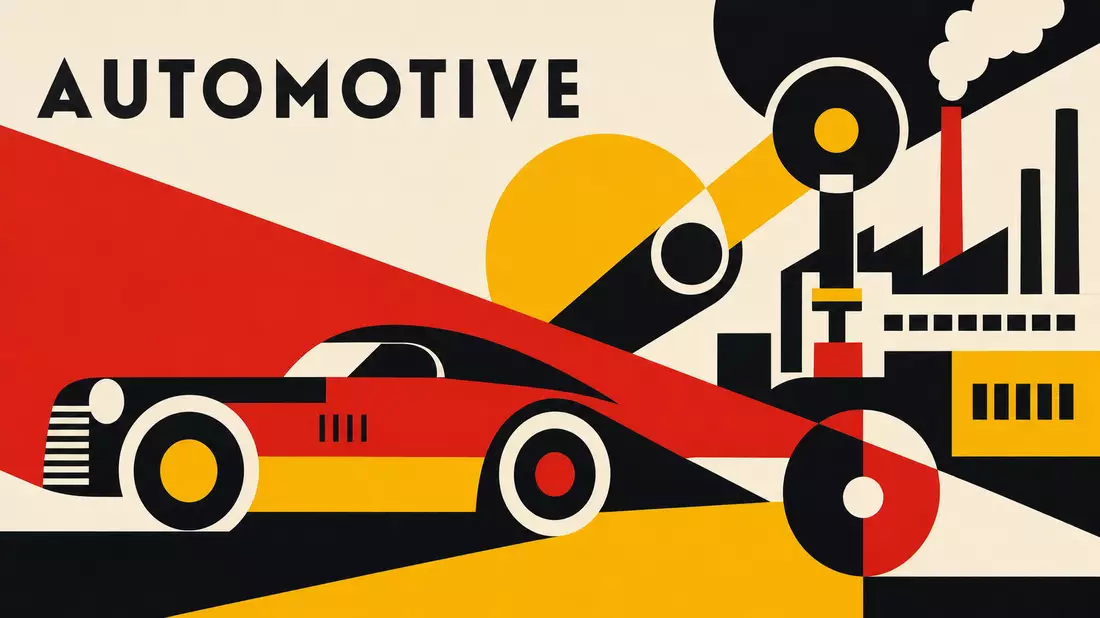 Geometrisches Bauhaus-Poster in Rot-Gelb-Schwarz mit Automobil-Silhouette und Text AUTOMOTIVE